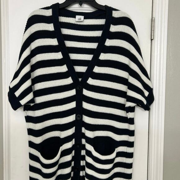 Cabi Whistle Navy Blue & White Striped Long Line Cardigan Sweater Small Coastal - Picture 4 of 11